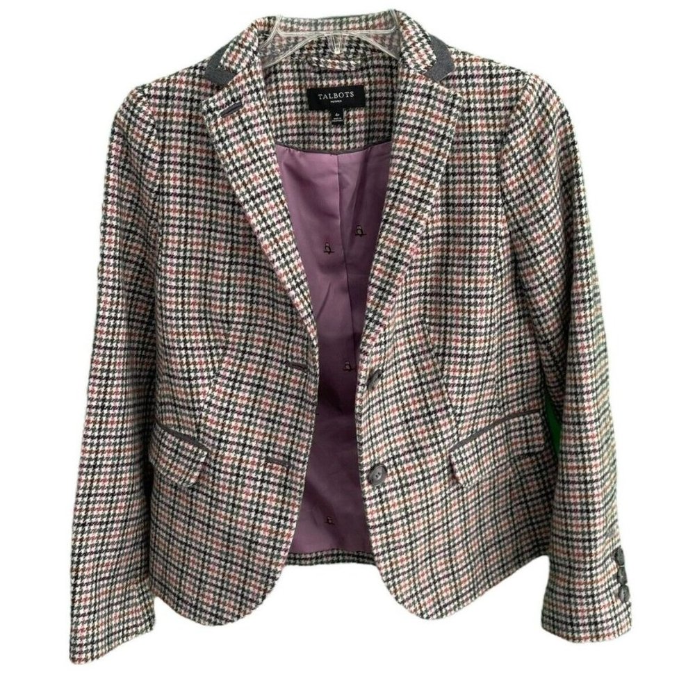 Talbots Beige Houndstooth Owl Print Lined Classic Preppy Surgeon Blazer Women 4P